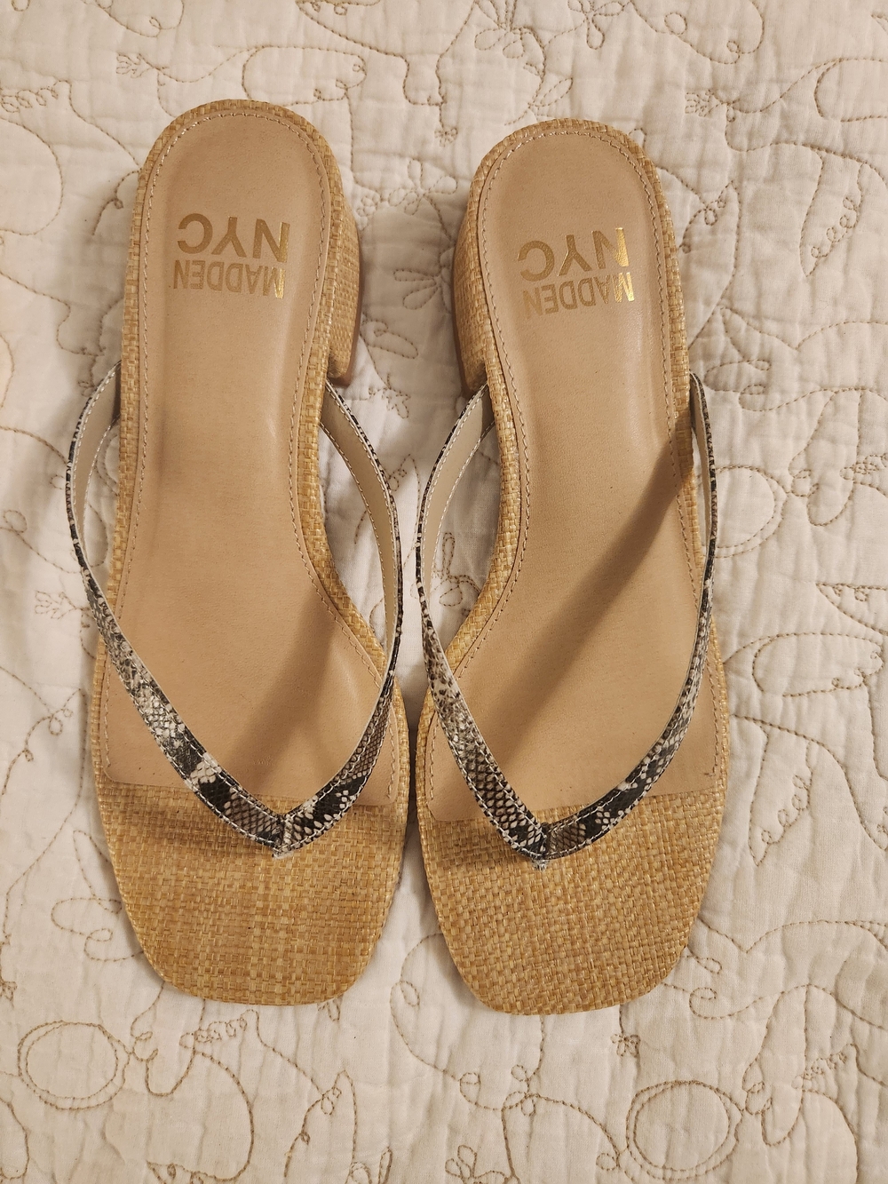 Madden NYC Women's Tan Straw Slides with Snake-Print Straps